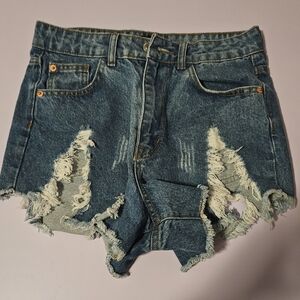 PrettyLittleThing Ripped High-Waist Denim Shorts - Blue